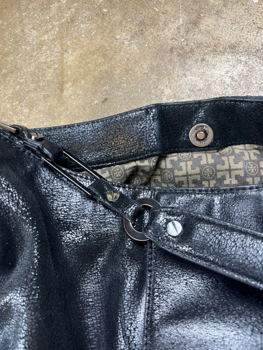 Tory Burch Cracked Leather Hobo Shoulder Bag with Gunmetal Hardware